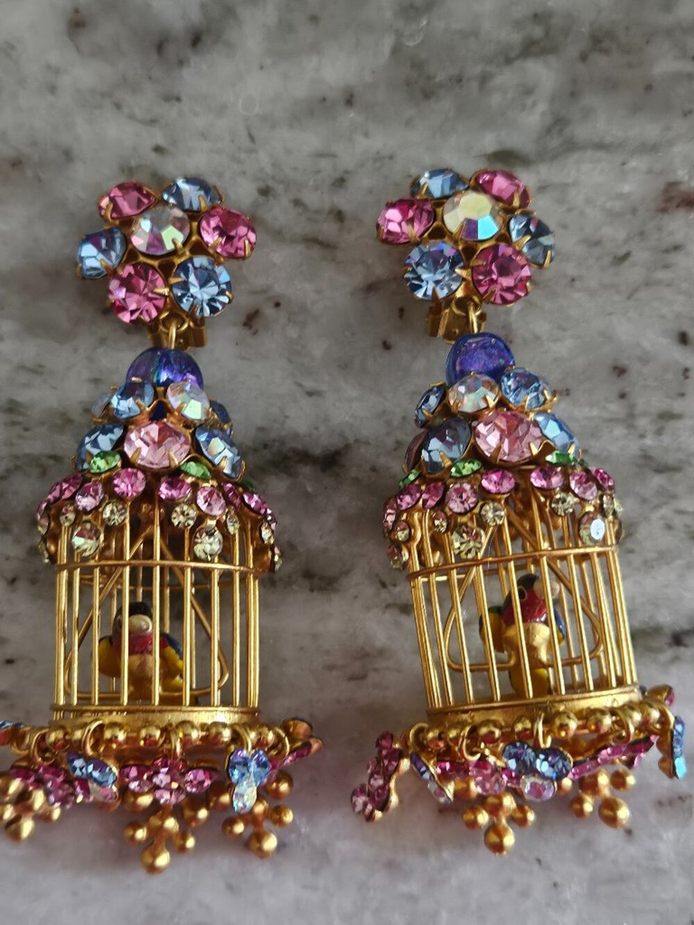 VINTAGE RUNWAY SIMAN TU BIRD CAGE FLORAL CHANDELIER STATEMENT CRYSTAL EARRINGS